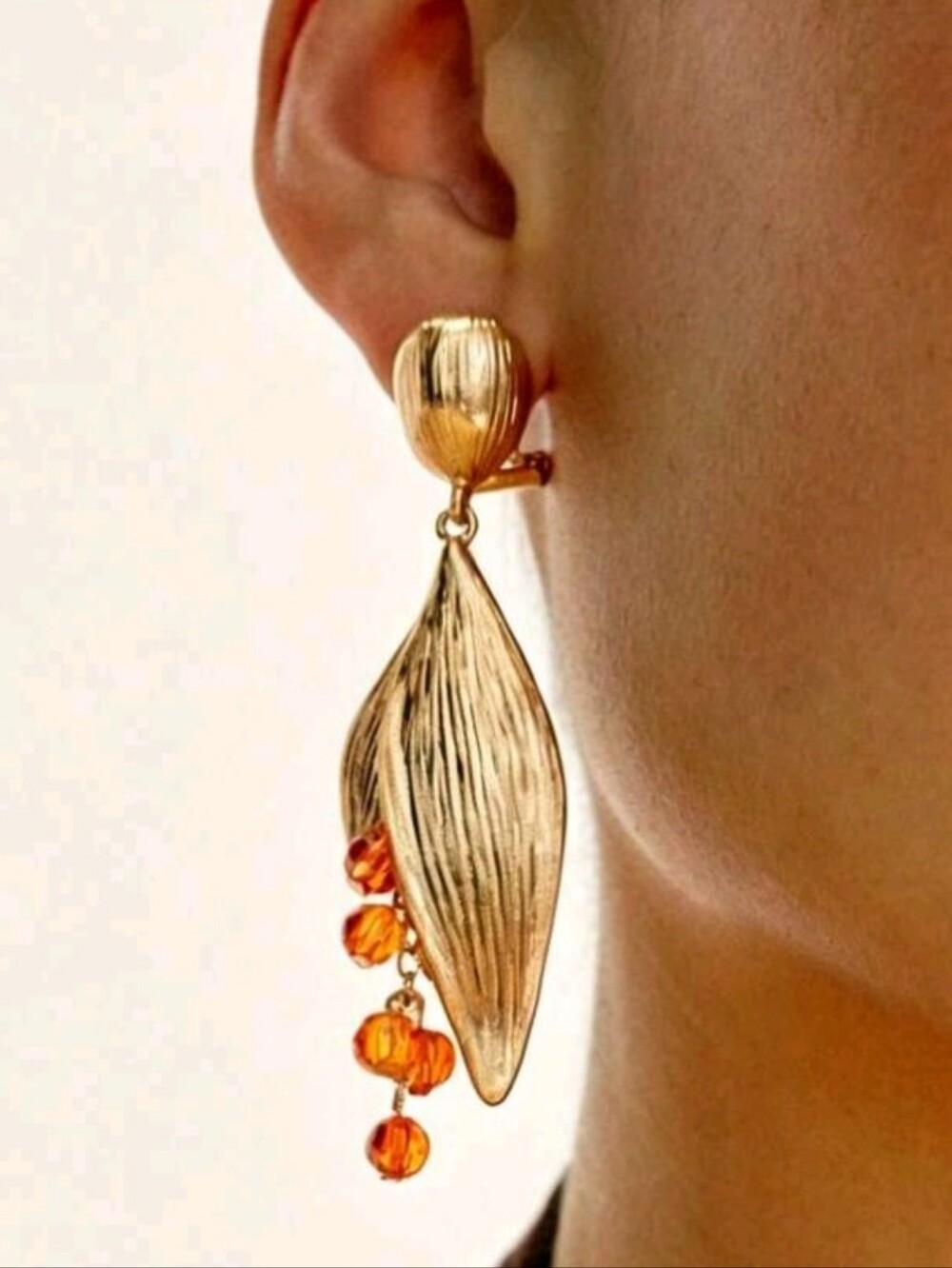 NEW! 14K Gold Plated Leaf Drop Post Earrings with Orange Amber Bead Accents